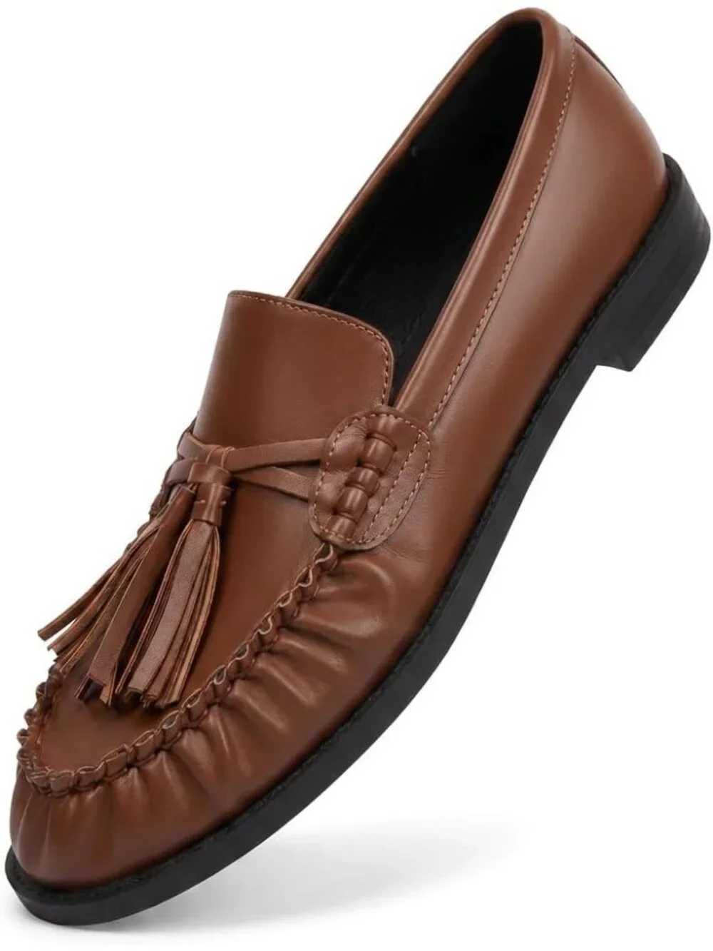 Women's Brown Faux Leather Comfortable Tassel Slip On Flats Closed Toe Shoes